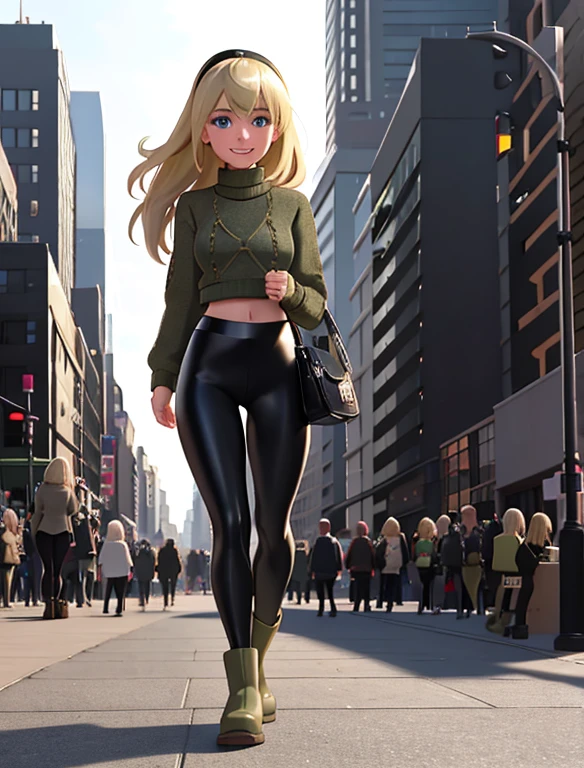 1 garota, Sozinho, (Gwen Stacy:1.1), cabelo loiro platinado, olhos azuis brilhantes, ((Vestindo: faixa preta, suéter verde oliva, legging preta brilhante, Botas UGG)),segurando uma bolsa, olhando para o espectador com um sorriso relaxado e suave, andando nas ruas de Nova York, multidões de pessoas nos arredores, corpo todo, atmosfera ocupada, iluminação cinematográfica, fundo detalhado,
