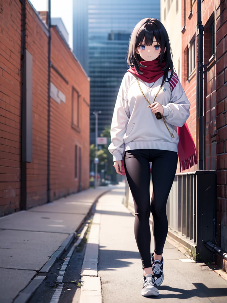 1girl,,legwear,,anklet,black hair,straight_hair,hime cut,long hair,sneakers,huge filesize,scarf，Black pants