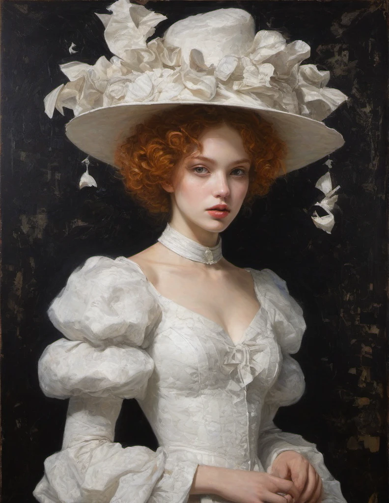 James Gurney, Surrealist art , dream-like, Mysterious, Provocative, symbolic, Complex, detailed,, (Gothic but very beautiful:1.4), (masterpiece, highest quality:1.4) , Nicola Samori Style, young girl with short curly ginger hair, white dress, white hat, automaton