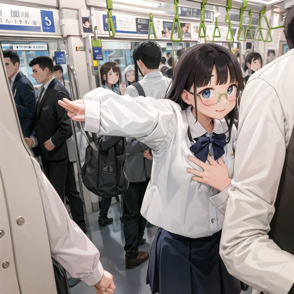 Highest quality, Super detailed, figure,
Multiple Girls, Small breasts , Black Hair, Glasses, school bag, smile, Laughter, View your viewers, crowded train、Lots of schoolgirls、１man、A man stands behind a woman、A man is touching a woman's ass、
e235, Inside the train, scenery, Sheet, window, screen, Realistic, photograph background, photograph (Moderate), photographRealistic, close、Surrounded by men１Schoolgirls
 