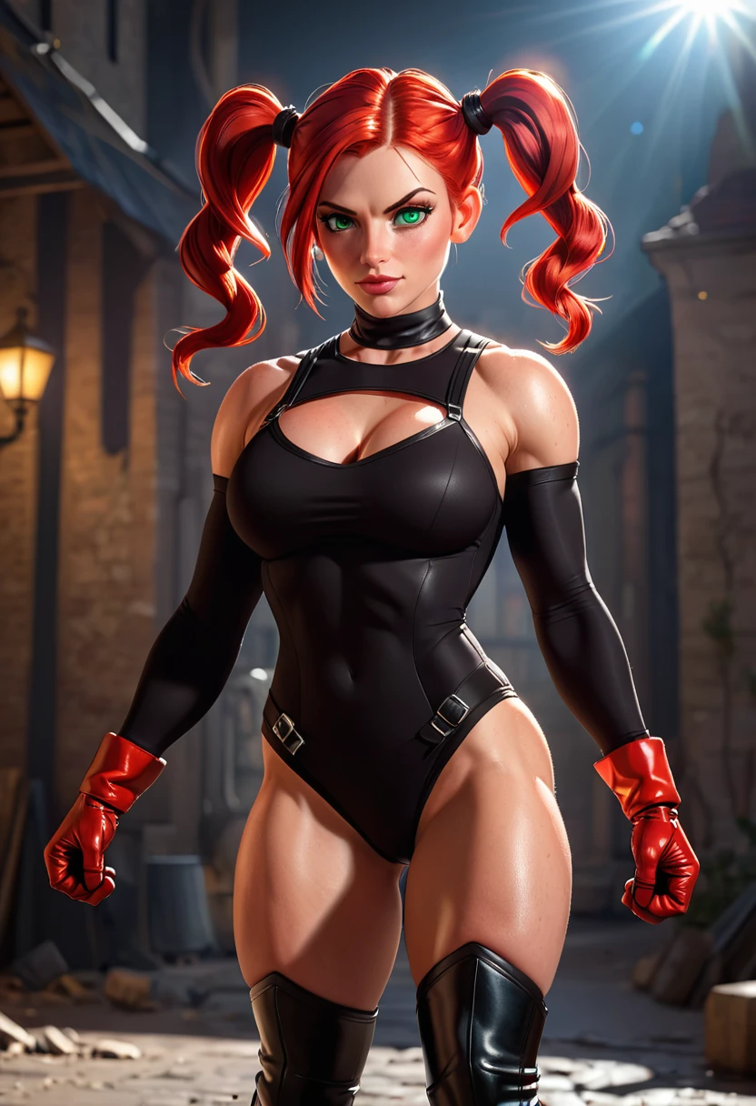  a strong female supervillain flexing her bicep for the camera, heroic pose. She has bright red hair in (2 puffy pigtails, two pig tails:1.3), detailed green eyes, mature woman. She wears a (black leotard with t-back thong and long sleeves), red gloves, (thigh high black boots:1.3), bare thighs. face detail. (highres:1.3) (4k,8k,best quality, masterpiece), full-body image, volumetric lighting, lens flare.