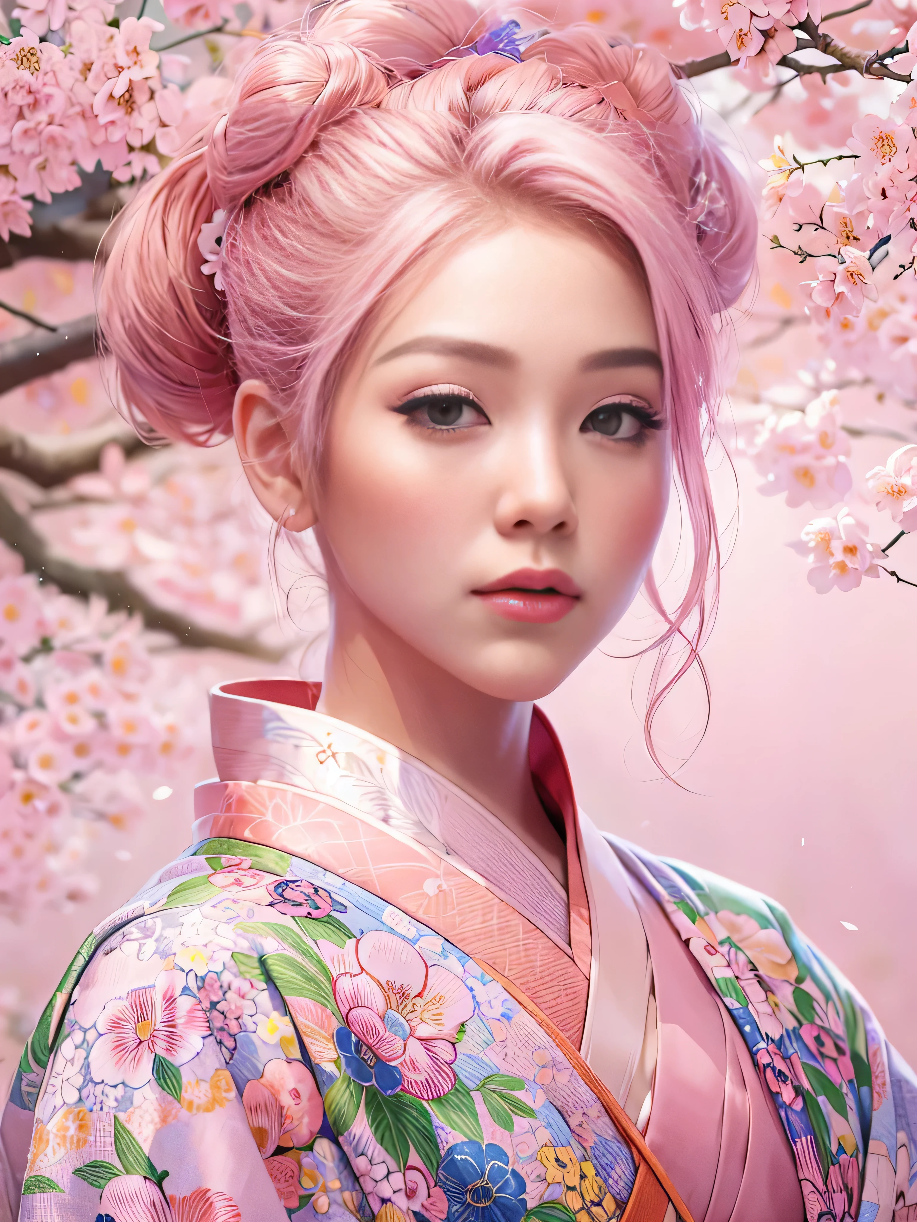 Eine hyperrealistische, sehr detailliert, und hochauflösendes 16k Bild eines jungen, schöne Frau mit Engfa-Gesicht. Sie hat rosa Haare und durchscheinende Haut, und gekleidet in einen traditionellen rosa japanischen Kimono mit einem kleinen Blumenmuster. Das Bild fängt die ätherische Schönheit und Mystik der Geisterwelt ein. Der Stil inspiriert von der zarten, sanfte Ästhetik der traditionellen japanischen Kunst. Der Hintergrund war voller rosa Sakura-Baum.