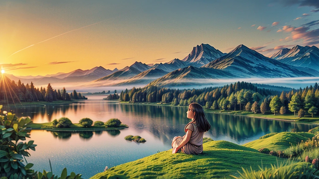 A girl climbing up a tree, waiting for the sunrise, lake, beautiful