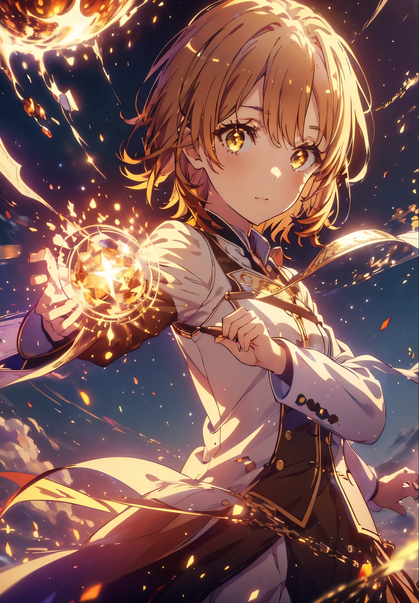 Irohaisshiki, isshiki iroha, Short Hair, Brown Hair, (Brown eyes:1.5), smile,((Night Sky)),((Big full moon)),((Sparkling and colorful stars)),Fluffy hair,((Idol style costume with soft volume)),Long skirt,Holding a magic book in his right hand,Uses magic with left hand,((witch)),Rubik&#39;s Square,
break outdoors, forest,forest
break looking at viewer,Upper Body,
break (masterpiece:1.2), Highest quality, High resolution, unity 8k wallpaper, (shape:0.8), (Narrow and beautiful eyes:1.6), Highly detailed face, Perfect lighting, Highly detailed CG, (Perfect hands, Perfect Anatomy),