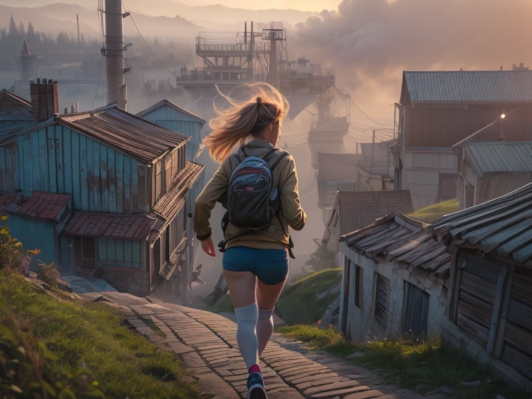 Woman running up a steep hill in a misty rural town at sunrise、Distant and Near Views、Smoke coming from the chimneys of an old rusty factory near the bay and port、Cinematic lighting、Dramatic atmosphere、8K、high quality、Photorealistic、Detailed landscape、Moody colors、Volumetric lighting、Hazy environment、