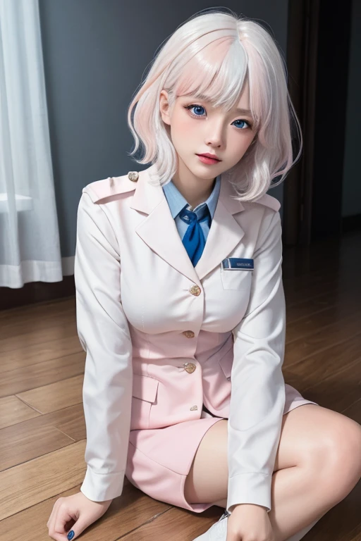 (masterpiece), (high quality), (8k resolution), (RAW photos), (best quality), (masterpiece:1.5), (Practical:1.5), ((photo Practical)), Vivid details, hyper Practical,1 Girl, (Lovely:1.2), beautiful, high quality、Delicate face, Perfect face, (White hair and light pink hair:1.4), Red face, Delicate eyes, (blue eyes),Colored eyes,(Big watery eyes),Not suitable for working hours,, slim body, Looking at the audience, Shut up, Real human skin, Glowing skin, Medium Breast, ((Uniforms)), sit, floor,