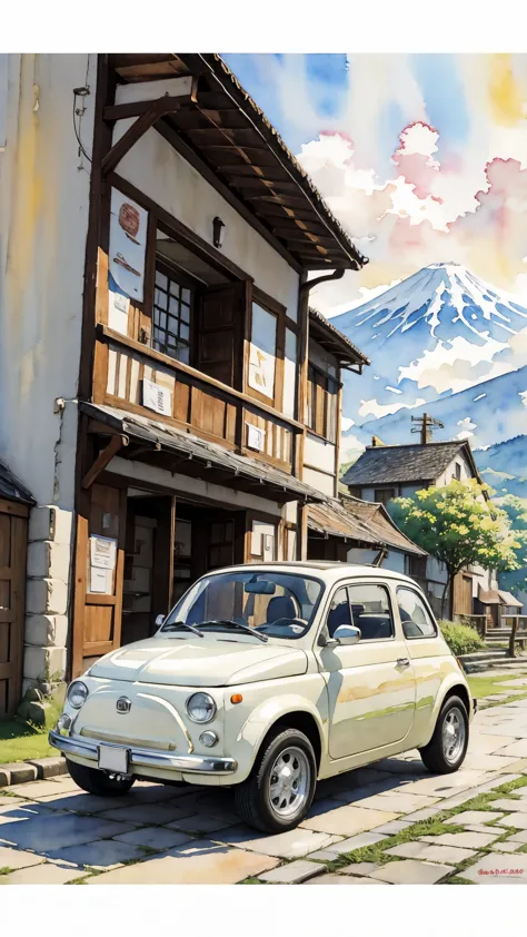 (masterpiece:1.2, Highest quality),(Very detailed),(((watercolor))),8K,wallpaper,Cream-colored Fiat 500,Run Mount Fuji,blue sky,...