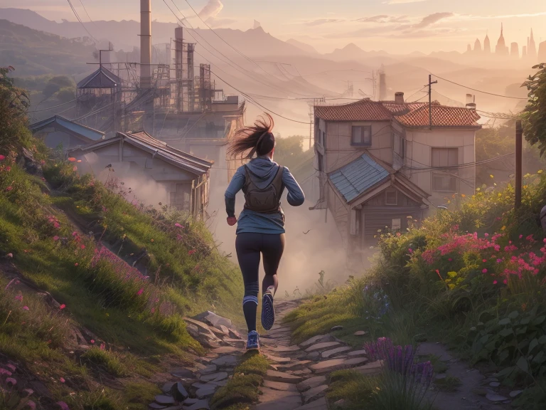 Woman running up a steep hill in a misty rural town at sunrise、Distant and Near Views、Smoke coming from the chimneys of an old rusty factory near the bay and port、Cinematic lighting、Dramatic atmosphere、8K、high quality、Photorealistic、Detailed landscape、Moody colors、Volumetric lighting、Hazy environment、