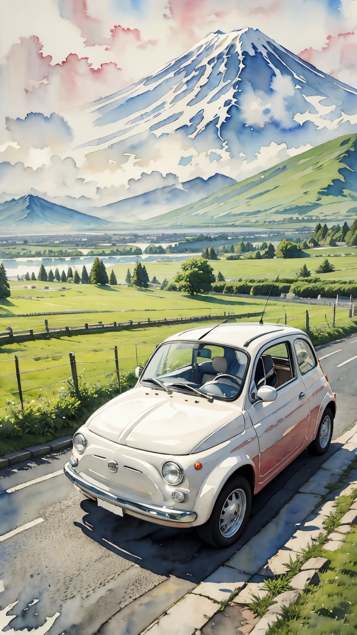 (masterpiece:1.2, Highest quality),(Very detailed),(((watercolor))),8k,wallpaper,Cream-colored Fiat 500,Running towards Mount Fuji,blue sky,(((Ghibli style))),Transparent watercolor