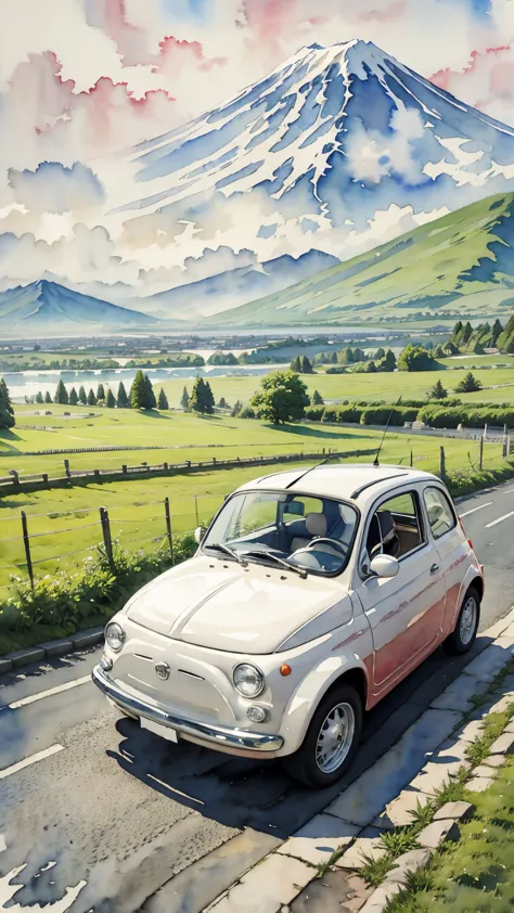(masterpiece:1.2, Highest quality),(Very detailed),(((watercolor))),8K,wallpaper,Cream-colored Fiat 500,Running towards Mount Fu...