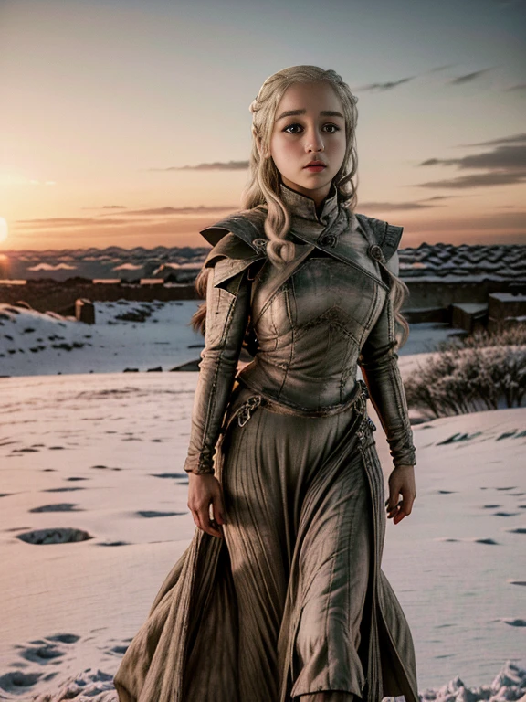 (Game of Thrones:1.5), (full body photo), (Daenerys Targaryen looking at the sunrise:1.5 ), (she has gigantic breasts:1.2), (She's in the clothes sexy regal+extremely tight on body:1.4), (she's walking in a field of snow:1.5), (she has long platinum hair:1.3), (she has blue eyes:1.3), (she's doing poses+for the viewer), Hyperrealism, 16k, best quality, high details, UHD