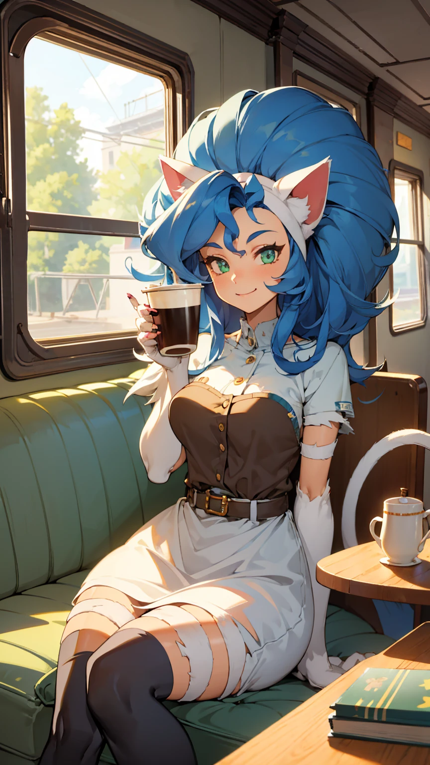 Felicia, blue hair, Green eyes, cat tail, happy, cute smile, hight details, busty, happy, (in a old train with cat theme) sitting in a table, drinking coffe.