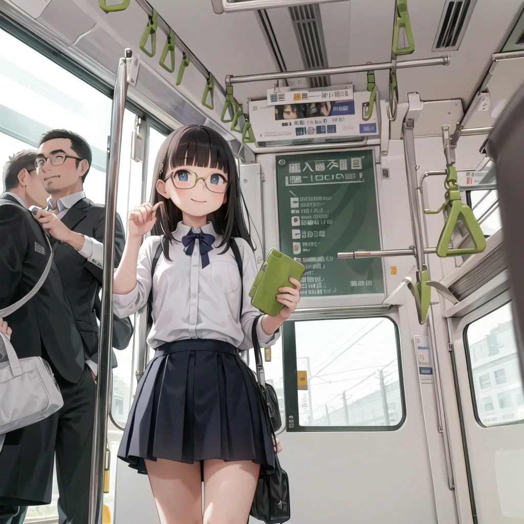 Highest quality, Super detailed, figure,
Multiple Girls, Small breasts , Black Hair, Glasses, school bag, smile, Laughter, View your viewers, crowded train、Lots of schoolgirls、１man、A man stands behind a woman、A man touching a woman&#39;s buttocks or groin、
e235, Inside the train, scenery, Sheet, window, screen, Realistic, photograph background, photograph (Moderate), photographRealistic, close、Surrounded by men１Schoolgirlolester、Looking from directly below
 