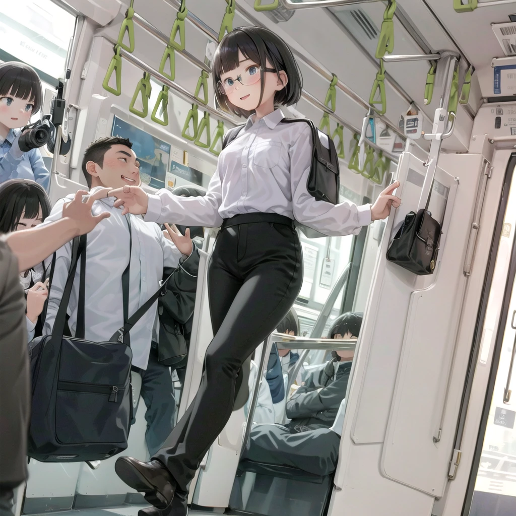 Highest quality, Super detailed, figure,
Multiple Girls, Small breasts , Black Hair, Glasses, school bag, smile, Laughter, View your viewers, crowded train、Lots of schoolgirls、１man、A man stands behind a woman、A man touching a woman&#39;s buttocks or groin、
e235, Inside the train, scenery, Sheet, window, screen, Realistic, photograph background, photograph (Moderate), photographRealistic, close、Surrounded by men１Schoolgirlolester、Looking from directly below
 