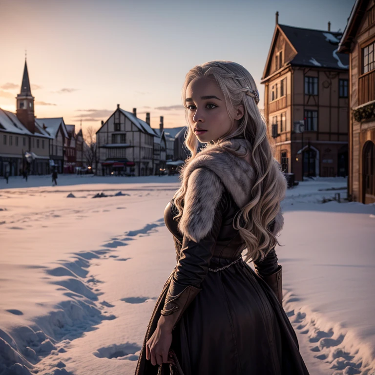 Daenerys Targaryen mirando el amanecer, caminando en un campo de nieve, plaza de la ciudad, mejor calidad, nada, 8K, nada, 8K, premiado , (enfoque nítido, Intrincado, muy detallado), 