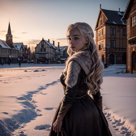 Daenerys Targaryen looking at the sunrise, walking in a field of snow, town square, best quality, hi res, 8k, hi res, 8k, award ...