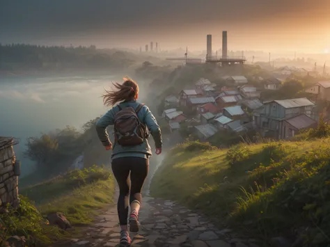 Woman running up a steep hill in a misty rural town at sunrise、Distant and Near Views、Old rusty factory chimneys near the bay an...