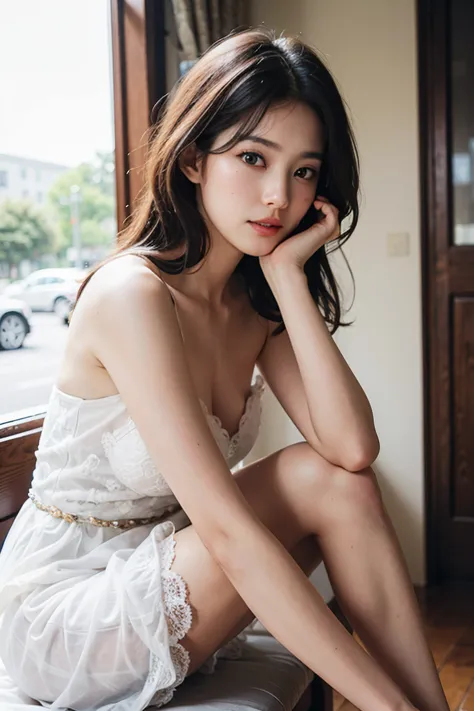 Photograph showing the whole body。She has her legs crossed。(RAW Photos, Highest quality), (Realistic, Photorealistic:1.3), Table...