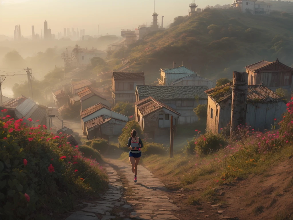 Woman running up a steep hill in a misty rural town at sunrise、Distant and Near Views、Old rusty factory chimneys near the bay and port、Cinematic lighting、Dramatic atmosphere、8K、high quality、Photorealistic、Detailed landscape、Moody colors、Volumetric lighting、Hazy environment、