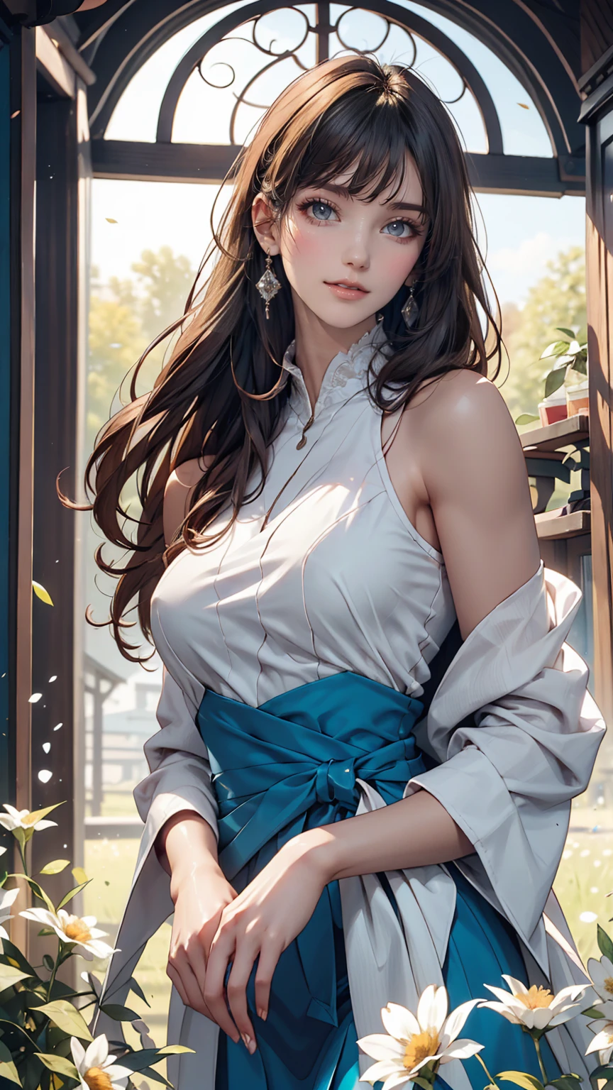 masterpiece, Highest quality, Ultra-high resolution, detailed illustration, Portraiture, detailed, A girl standing in a wheat field, alone, Long Hair, dress, flower, White Hanfu, smile, whole body, white flower, Bare shoulders, very Long Hair, Aqua Hair, Mouth closed, In-person audience, bangs,Sexy proportions、Narrow waist、Sexy