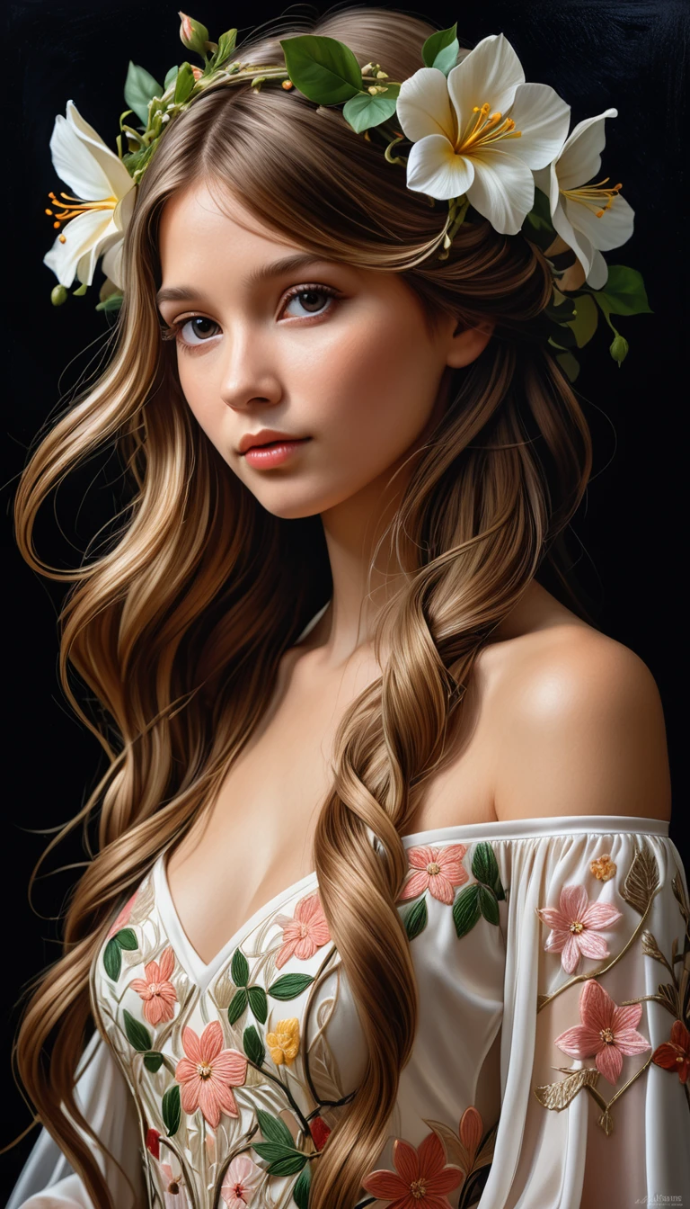 portrait of a beautiful young woman with long hair, wearing an embroidered dress made from flowers and vines. bare shoulders, happy,  by alphonse mucha artgerm lau wlop rossdraws james cameron black background chiaroscuro dramatic lighting perfect composition high definition 8k 1080p oil painting detailed intricate ink illustration canon eos r3 fu 