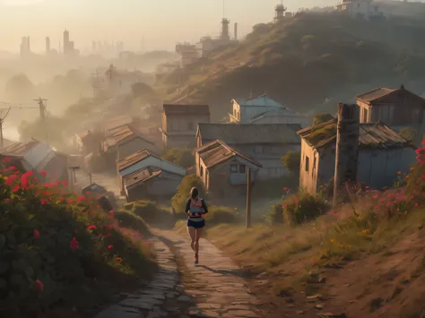 Woman running up a steep hill in a misty rural town at sunrise、Distant and Near Views、Old rusty factory chimneys near the bay an...