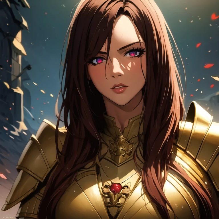 a beautiful adventurous woman with brown hair wearing full armor, detailed armor, face detailed, red detailed eyes, detailed skin texture, detailed hair, highly detailed facial features, dramatic lighting, film composition, epic fantasy, digitalpainting, conceptual artwork, best qualityer, Masterpiece artwork, fully body