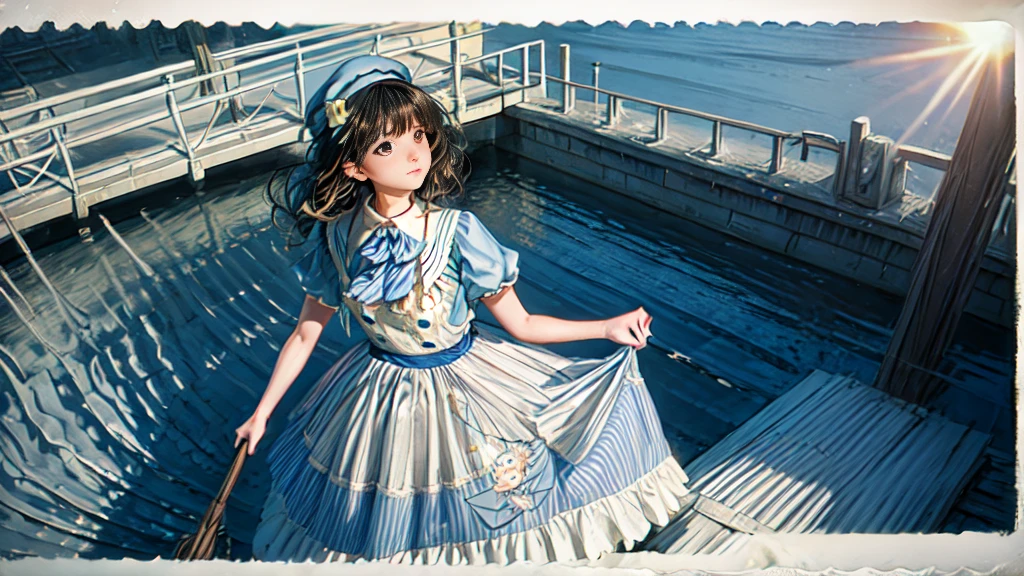 Uma menina de vestido branco com uma fita azul está caminhando em uma ponte sobre um rio, Segurando um guarda-chuva. Ela tem longos cabelos pretos e olhos castanhos.. A foto foi tirada de um ângulo alto, Fotografando água e paisagens urbanas. o sol está atrás dela, Crie um brilho da lente ao lado de sua foto. A foto está superexposta, Faz o vestido branco e o guarda-chuva parecerem mais brilhantes. O foco está suave, Torne suas fotos de sonho. As bordas da foto estão escuras, Adicione contraste à cena. Baixa qualidade de foto, Textura áspera e cores desbotadas.