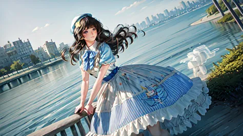 A girl in a white dress with a blue ribbon is walking on a bridge over a river, Holding an umbrella. She has long black hair and...