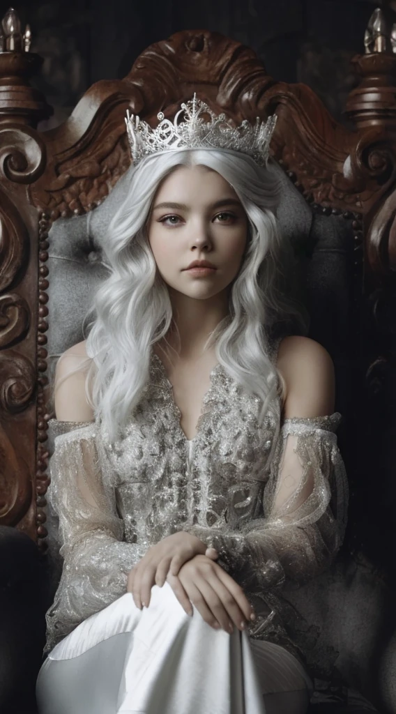 Une femme atteinte d'un AIT est assise sur une chaise vêtue d'une robe blanche., anya taylor - reine des vampires de joie, portrait de princesse gothique, 4K HD. Cheveux Blanche Neige, bière soft devil queen madison, inspiré par Elsa Bleda, belle reine démon élégante, très beau top model elfique, style tom bagshaw, belle reine vampire, portrait d&#39;une reine elfe