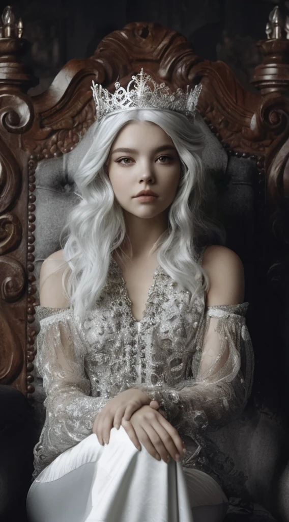 uma mulher com tia sentada em uma cadeira usando um vestido branco, anya taylor - alegria rainha dos vampiros, retrato de princesa gótica, 4K HD. cabelo branco como a neve, Cerveja suave rainha do diabo madison, inspirado em Elsa Bleda, linda e elegante rainha demônio, top model élfica muito linda, estilo tom bagshaw, linda rainha feminina vampira, retrato de uma rainha elfa