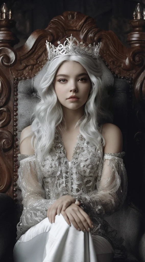 Eine Frau mit einem Schlaganfall sitzt in einem Stuhl und trägt ein weißes Kleid., Anya Taylor - Joy Vampirkönigin, gotisches Prinzessinnenporträt, 4k hd. schneeweiße Haare, weiches Devil Queen Madison Bier, inspiriert von Elsa Bleda, schöne elegante Dämonenkönigin, sehr schönes elfenhaftes Topmodel, Tom BagshAw-Stil, schöne Vampirkönigin, Porträt einer Elfenkönigin