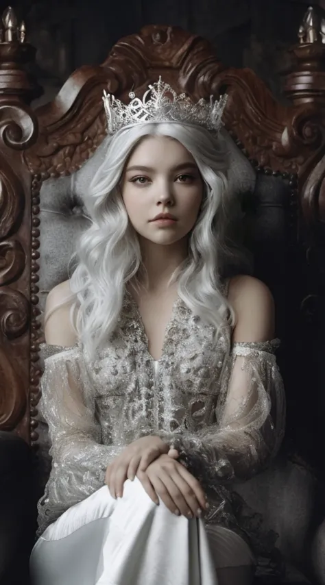 a woman with a tia sits in a chair wearing a white dress, anya taylor - joy vampire queen, gothic princess portrait, 4k hd. snow...