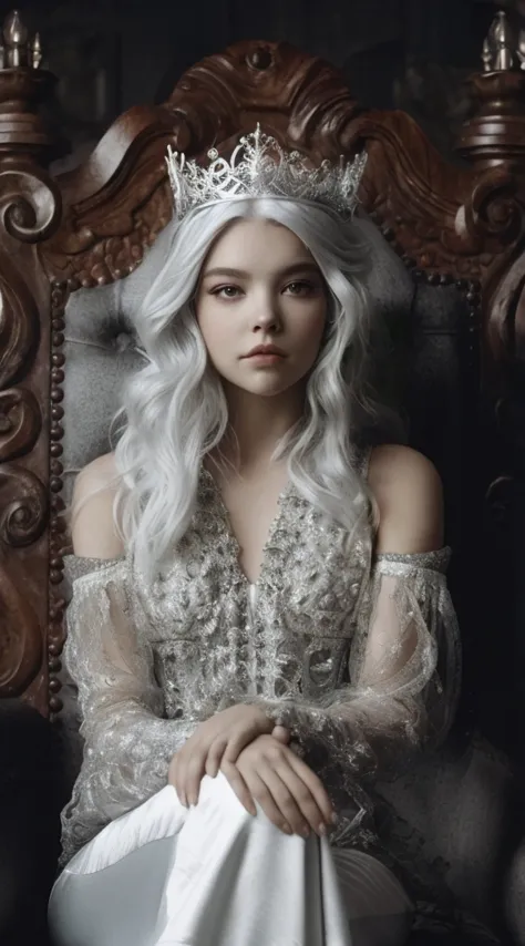 a woman with a tia sits in a chair wearing a white dress, anya taylor - joy vampire queen, gothic princess portrait, 4k hd. snow...