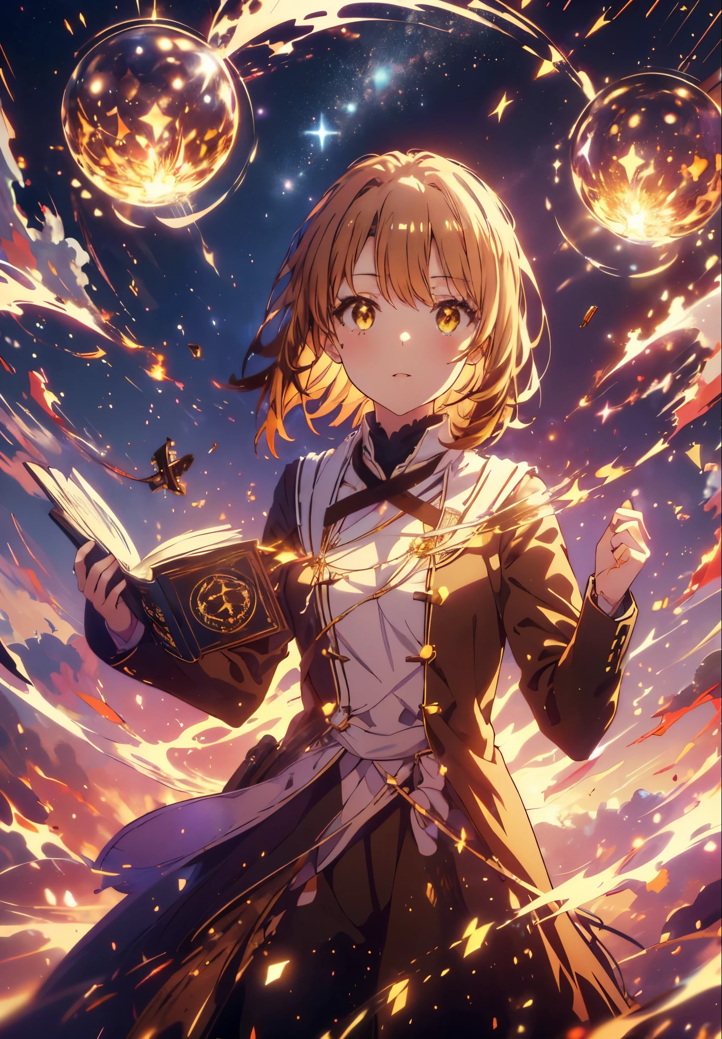 Irohaisshiki, isshiki iroha, Short Hair, Brown Hair, (Brown eyes:1.5), smile,((Night Sky)),((Big full moon)),((Sparkling and colorful stars)),Fluffy hair,((Idol style costume with soft volume)),Long skirt,Holding a magic book in his right hand,Uses magic with left hand,((witch)),Rubik&#39;s Square,
break outdoors, forest,forest
break looking at viewer,Upper Body,
break (masterpiece:1.2), Highest quality, High resolution, unity 8k wallpaper, (shape:0.8), (Narrow and beautiful eyes:1.6), Highly detailed face, Perfect lighting, Highly detailed CG, (Perfect hands, Perfect Anatomy),