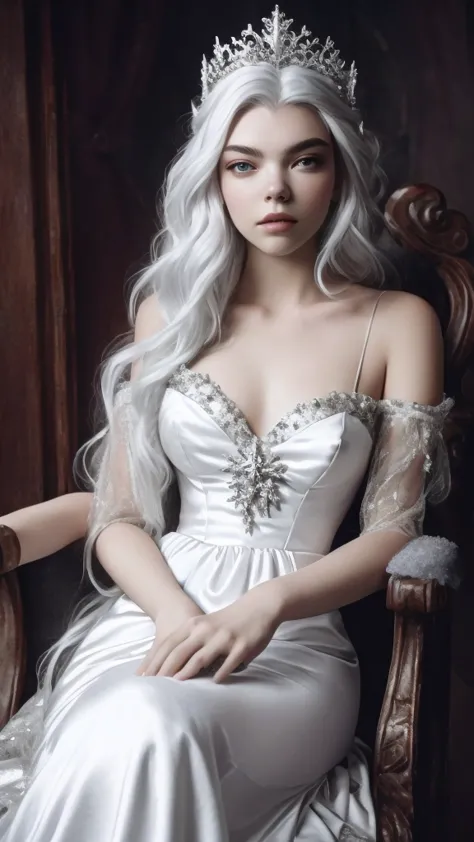 a silver-haired girl in a white dress sits on a chair, anya taylor - the vampire queen of joy, gothic princess portrait, 4k hd. ...