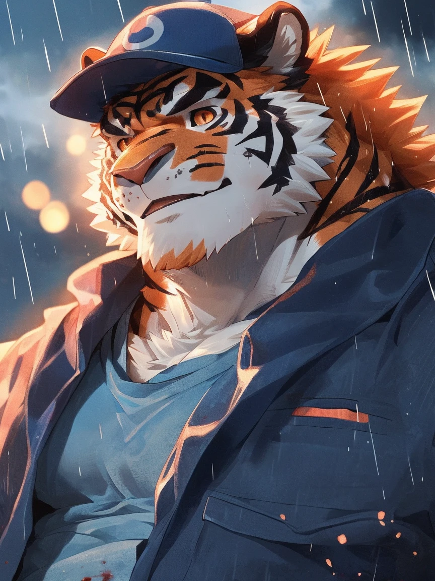 human nature, Wildlife, male,18 years old， solitary, ((Round Face, The face is plump,Orange eyes,Thick orange hair，With scars)), ((Endomorph, Handsome，Hot Blood)), (Sportswear，Light blue and white coat，Wear a sports cap), ((domestic tiger, tiger，) Fluffy fur, Fluffy), Bokeh, (high quality, high resolution, masterpiece), (Dynamic Lighting, Vibrant colors，Natural fill light), (Revitalize，harm，Disdain，aggressive), Full body picture (close up), cartoon, author：Takemoto Arashi, From zixiong, By Chunni, author：Empty Ghost，（background：Raining dead city）