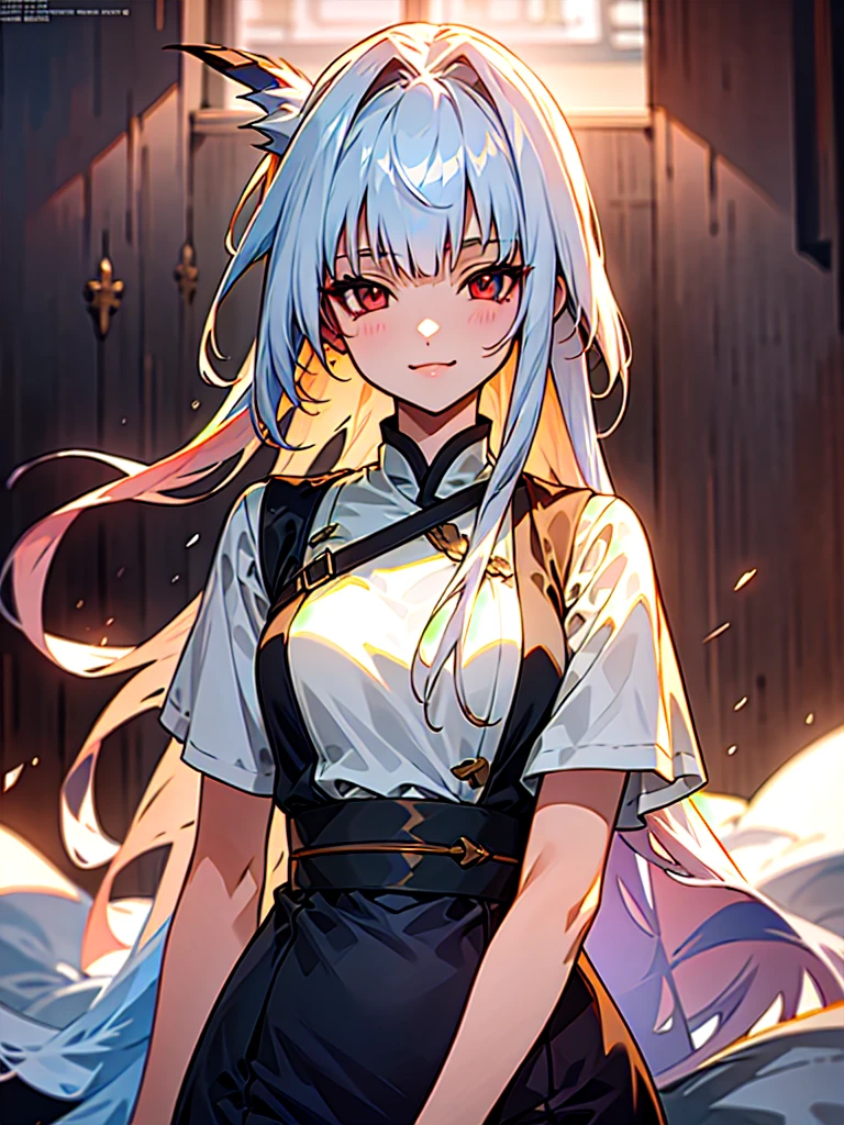 Full body, gray hair, (Dragoon: 1.2), Brantovan, masterpiece, top quality, official art, very elaborate CG Unity 8K wallpaper, for girls, ultra high resolution,), golden hour lighting, sweater dress, (upper body), (silver longhair: 0.8), (puffy eyes), looking at the viewer, frontal, (smile), medium breasts, shirt lift, longhair,, gray red eyes