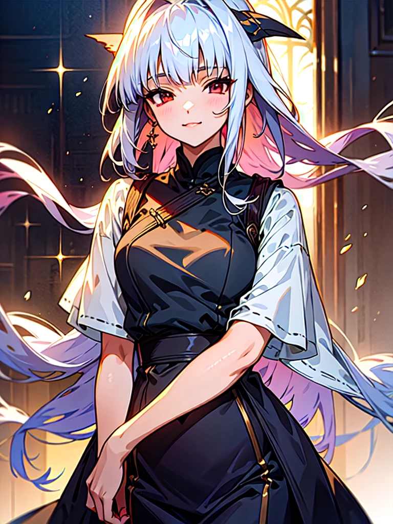 Full body, gray hair, (Dragoon: 1.2), Brantovan, masterpiece, top quality, official art, very elaborate CG Unity 8K wallpaper, for girls, ultra high resolution,), golden hour lighting, sweater dress, (upper body), (silver longhair: 0.8), (puffy eyes), looking at the viewer, frontal, (smile), medium breasts, shirt lift, longhair,, gray red eyes