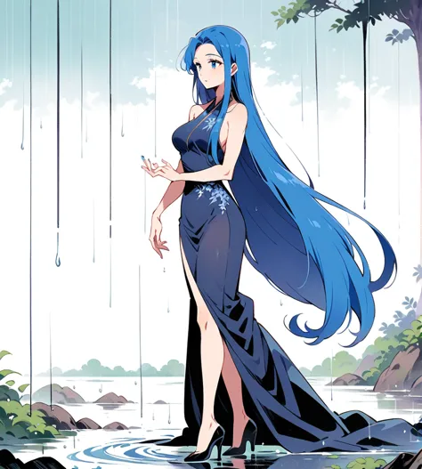 Monster, female, age 30, very long hair, elegant look, rainy season scene, blue hair, show full body,