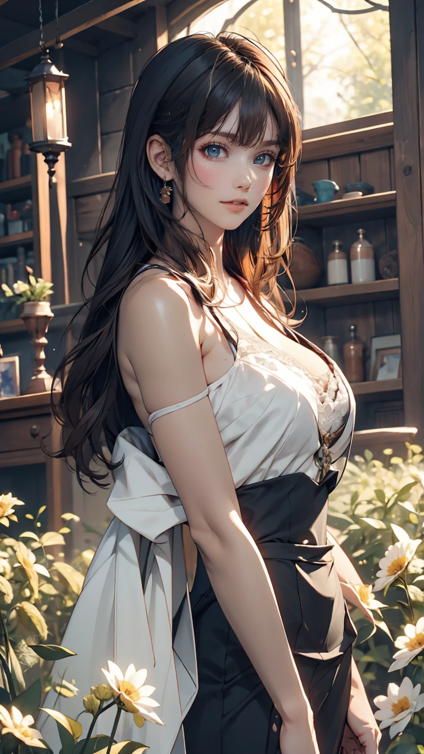 masterpiece, Highest quality, Ultra-high resolution, detailed illustration, Portraiture, detailed, A girl standing in a wheat field, alone, Long Hair, dress, flower, White Hanfu, smile, whole body, white flower, Bare shoulders, very Long Hair, Aqua Hair, Mouth closed, In-person audience, bangs,Sexy proportions、Narrow waist、Sexy