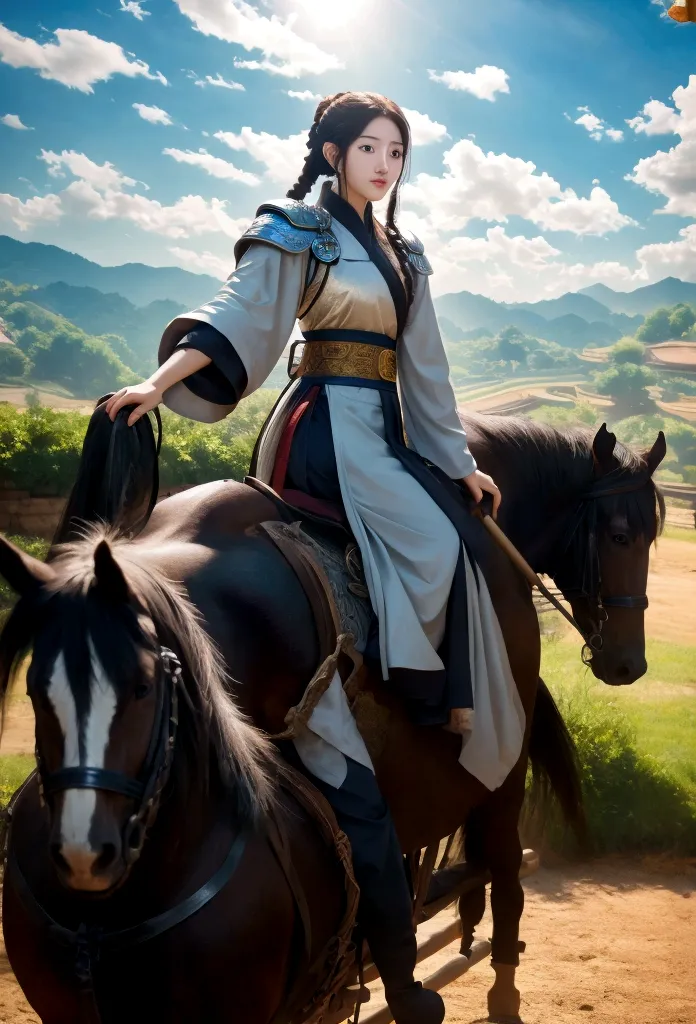 Romance of the Three Kingdoms, Zhao Yun, riding a horse, holding a spear, silver armor, sharp eyes