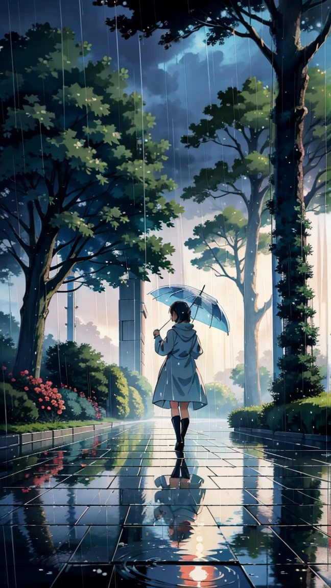 Una ilustración de estilo anime japonés de una joven caminando con un paraguas bajo la lluvia. La escena muestra a la niña en una atmósfera serena y pacífica., con iluminación tenue y lluvia suave. El fondo incluye elementos como árboles., un camino, y un paisaje tranquilo, creando un ambiente tranquilo. La niña lleva un impermeable ligero y botas., con su paraguas protegiéndola de la lluvia. La imagen está en un 9.:16 relación de aspecto.