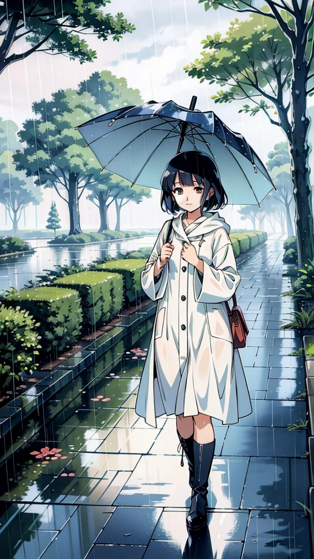 A Japanese anime-style illustration of a young girl walking with an umbrella in the rain. The scene depicts the girl in a serene and peaceful atmosphere, with soft lighting and gentle rain. The background includes elements like trees, a pathway, and a calm landscape, creating a tranquil setting. The girl is wearing a light raincoat and boots, with her umbrella shielding her from the rain. The image is in a 9:16 aspect ratio.