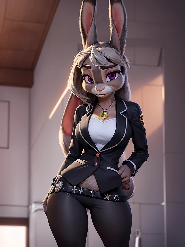 best quality,
masterpiece,
super detail,
3D,
Portrait,
fun atmosphere,
furry woman,
anthropomorphic female,
fine coat,

bloom office, 

(Face is JudyHopps:1.4),
(straight hair:1.3),
(see-through bangs:1.3),
wispy bangs,
bright purple eyes,
(arched eyebrows:1.3),
(uplift eyebrows:1.1),
(rabbit ears:1.1),

Body is NamiFinal, 
Body covered with rabbit fur,
(body is gray with fluffy and fluffy:1.3),
(skin is wool fabric with fluffy and fluffy:1.3),

office lady is wearing suit,
((White blouse)),
((Black blazer jacket)),
((Black pants)),
clothes made of cotton,

(solo:1.5),
(1 lady:1.5),
one character only