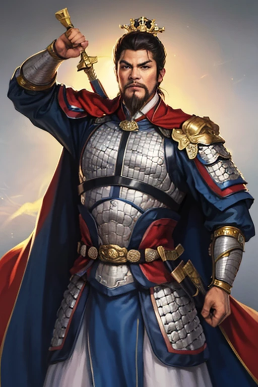 8K,man with sword,ornate armor(The elaborately crafted coat of arms of a nobleman),ultra high resolution,surreal,realistic skin,Black hair short hair,big black eyes,clear eye description, muscular body,waist armor,delicate hands, Perfect hand shape, character art, action pose,masterpiece,Realistic RAW photos of the highest quality,bright colors,rich colors, backlight, movie lights, film grain,50mm lens