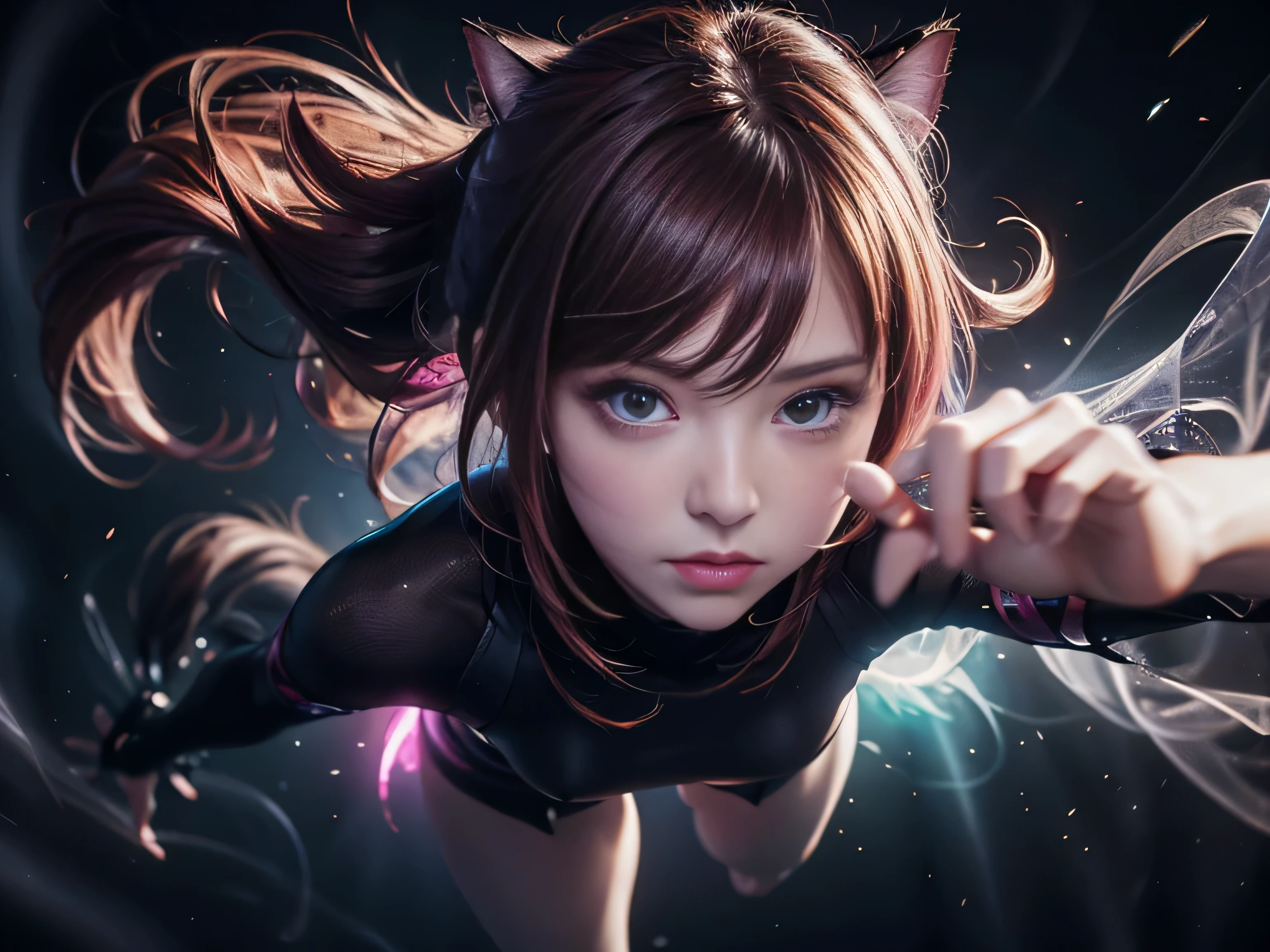 (Best Quality, 8K, Masterpiece, HDR, Soft Lighting, Picture Perfect, Realistic, Vivid), Cat Girl (1.0), Cat Girl with Red Hair and brown eyes and Sexy Revealing Clothes, Pink Bodysuit with Glitter Texture, Beautiful Anime Fantasy, Very beautiful and cute cat girl, large pink butterflies fly around, background blur, anime fantasy, work in Gouves style, realistic: 1.37, top view, red cat girl lies in blue flowers, large pink butterflies fly around, horizontal view, (Ultra High Quality Fantasy Art), Masterpiece, Female Model, Ultra High Quality Female Character Designs, Detailed 8k Anime Art, Realistic Anime Art, Highest Quality Wallpapers, Intricate Ultra High Quality Accurate Female Character Faces, High Quality Designs and Accurate Physics (Fantasy - Ultra High Quality) quality) quality)) art), dark fantasy style), masterpieces, super high-quality characters, anime resolution - 8K, realistic anime art, wallpaper with the highest quality illustrations, ultra-high detail of faces, high-quality design and accurate physics), color, depth of field, shadows, ray tracing, high quality workmanship. -high quality and 8K resolution, (Accurate simulation of the interaction of light and materials)], [High-quality hair detail [More about beautiful and shiny red hair]], (Beautifully detailed hands [perfect fingers [Perfect nails]]], (perfect anatomy (perfect proportions)))) [[Full-length]], [Perfect combination of colors (Accurate imitation of the interaction of light and material)], [art that conveys the meaning of the story](modified)