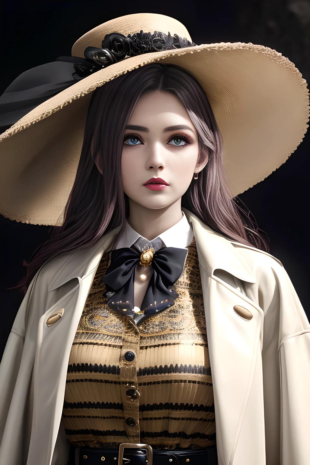 1girl,Wearing an elegant and fashionable suit. Wearing a wide-brimmed hat with delicate floral decorations. Wearing a long white trench coat, the buttons and belt design of the trench coat add a touch of classicism. Wearing a dark striped suit, including a suit jacket and pants, and wearing black gloves on his hands,,beautiful detailed eyes, beautiful detailed lips, extremely detailed eyes and face, long eyelashes, best quality, 4k, 8k, highres, masterpiece, ultra-detailed, realistic, photorealistic, photo-realistic, ethereal glow, regal elegance, intricate details, luxurious, otherworldly beauty, dark atmospheric background, supernatural aura,  elise,