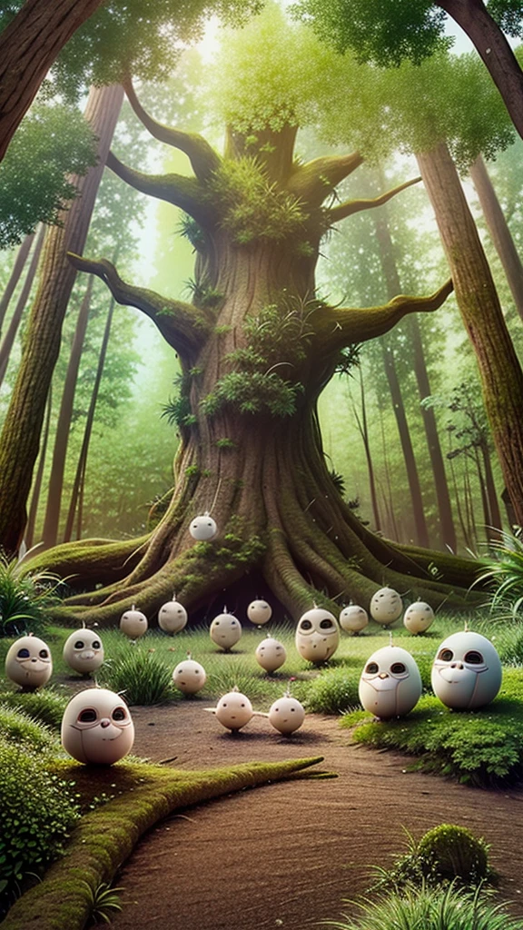 A large ancient tree in a mystical forest with multiple kodama, Japanese tree spirits, scattered around. Some kodama are perched on the branches of the tree, while others are on the forest floor. The kodama have white, slightly translucent bodies, round heads with black holes for eyes and mouth, and simple, friendly expressions. They have very slim bodies matching the reference image. The forest is dense with tall, ancient trees, glowing ethereal lights, and an enchanted atmosphere. The dappled sunlight filtering through the leaves adds to the mystical and serene feeling. The image should be in a 9:16 aspect ratio.