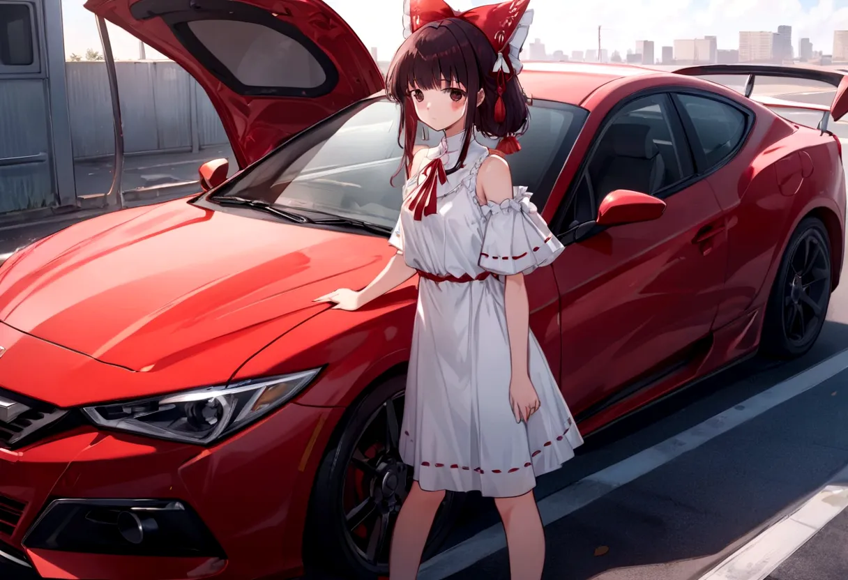 araffe girl in a white dress standing next to a red car, anime style 4 k, anime style. 8k, cute anime waifu in a nice dress, ani...